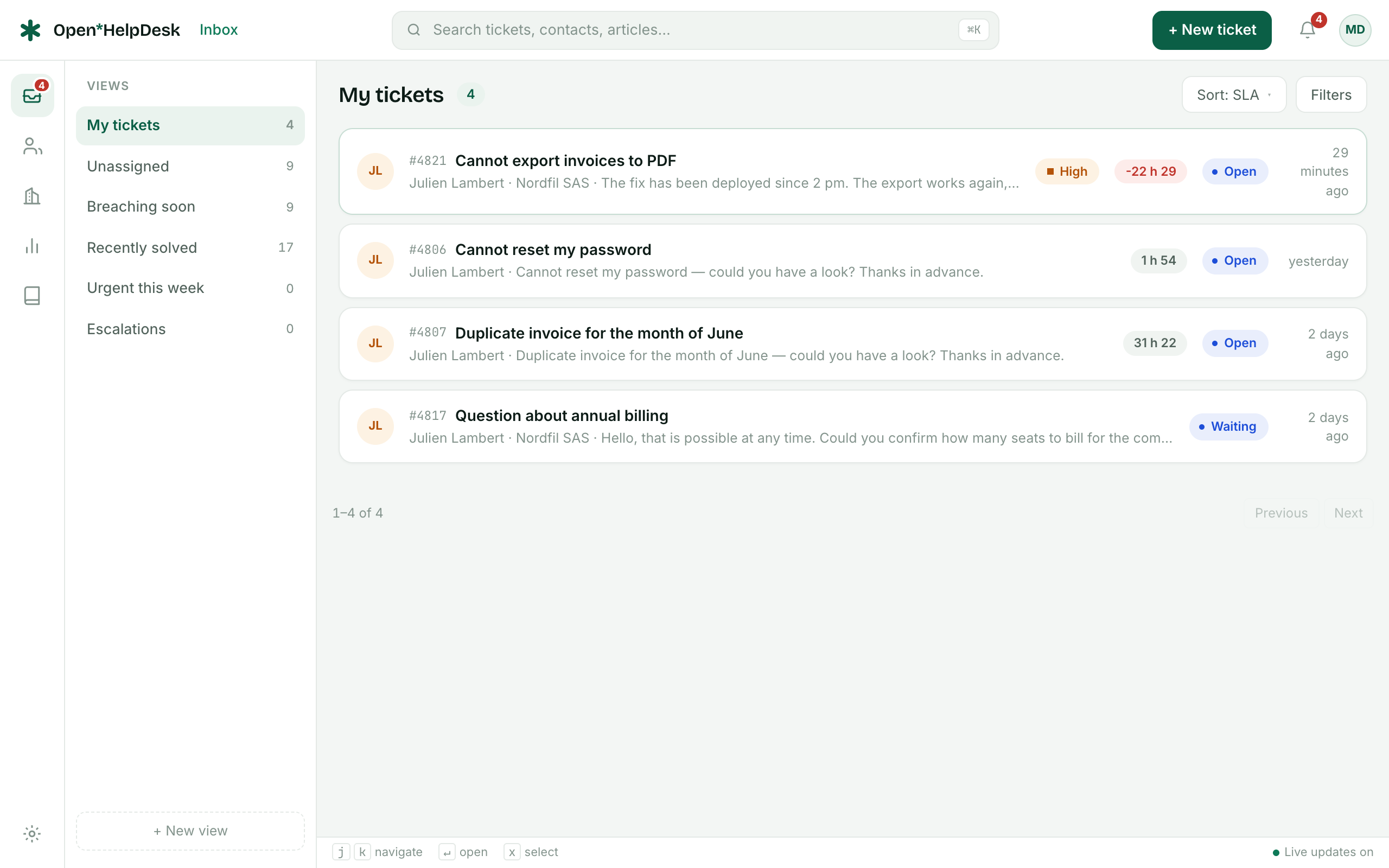 Look at the agent workspace: the saved views down the left rail, and on each row of the ticket list its priority, its SLA countdown and its status.