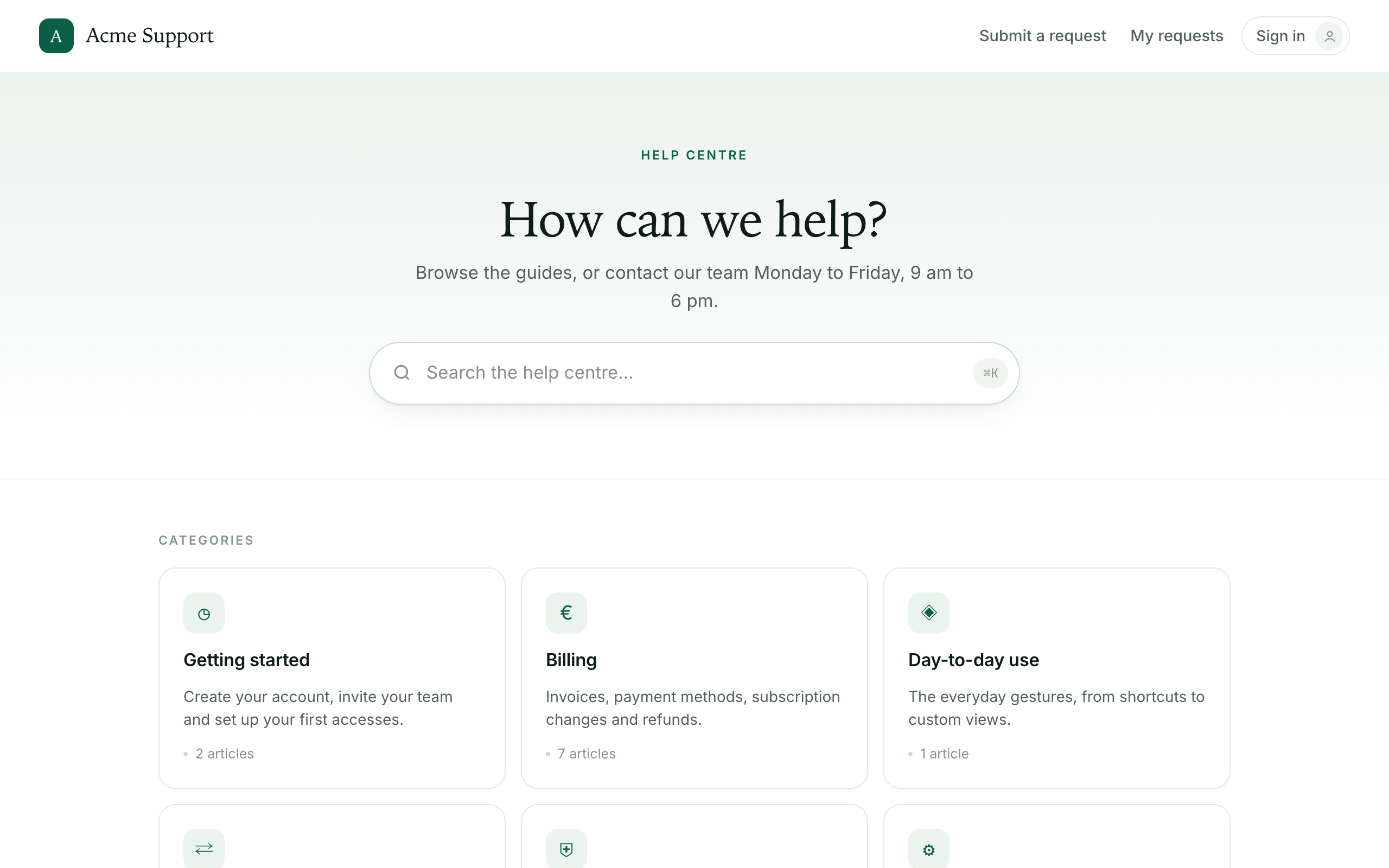 The help center home — the search bar sits above the category cards, with the contact card alongside the most-viewed list.