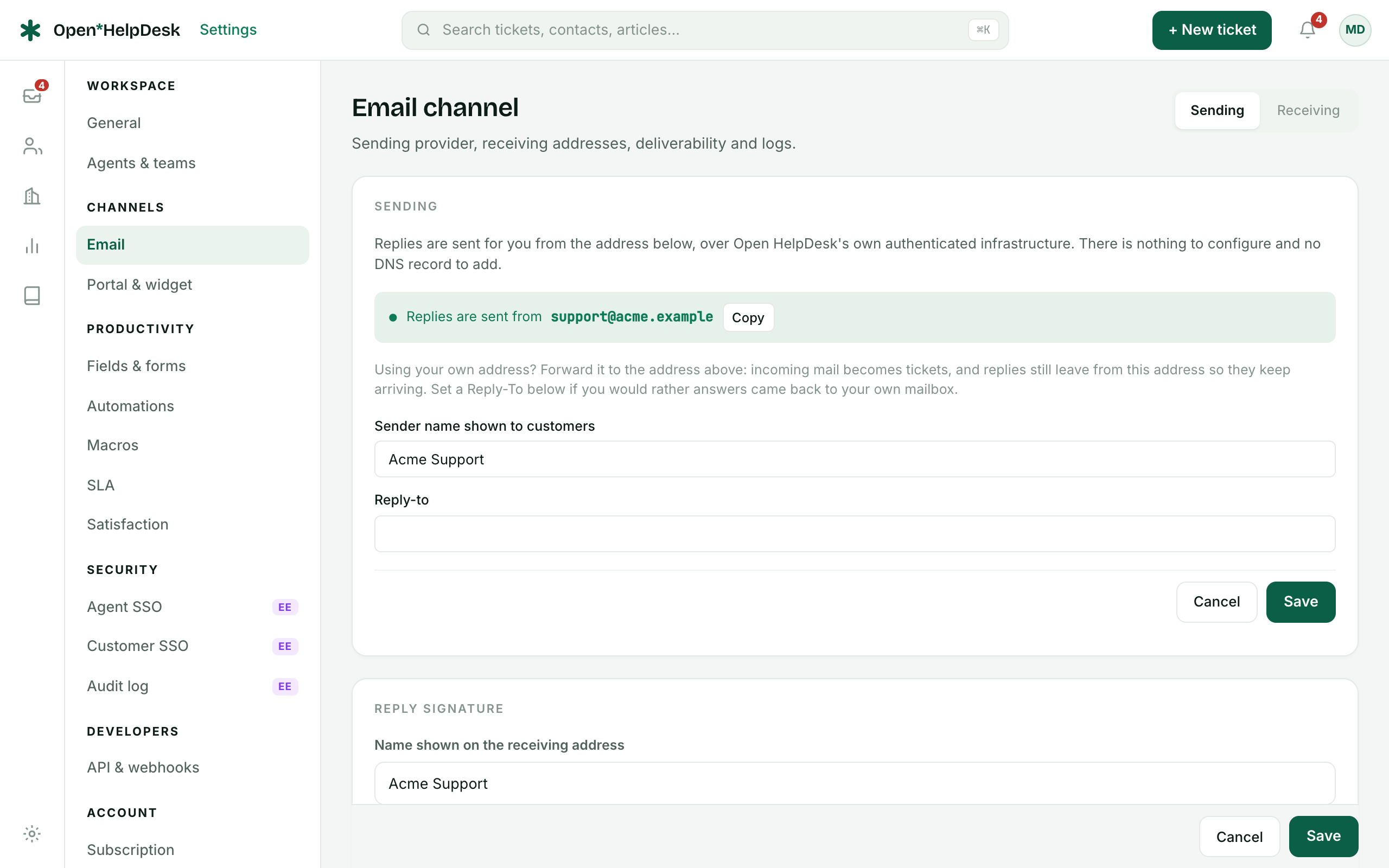 The email settings — switch between the Sending and Receiving tabs; each receiving address shows its method and its verification status.