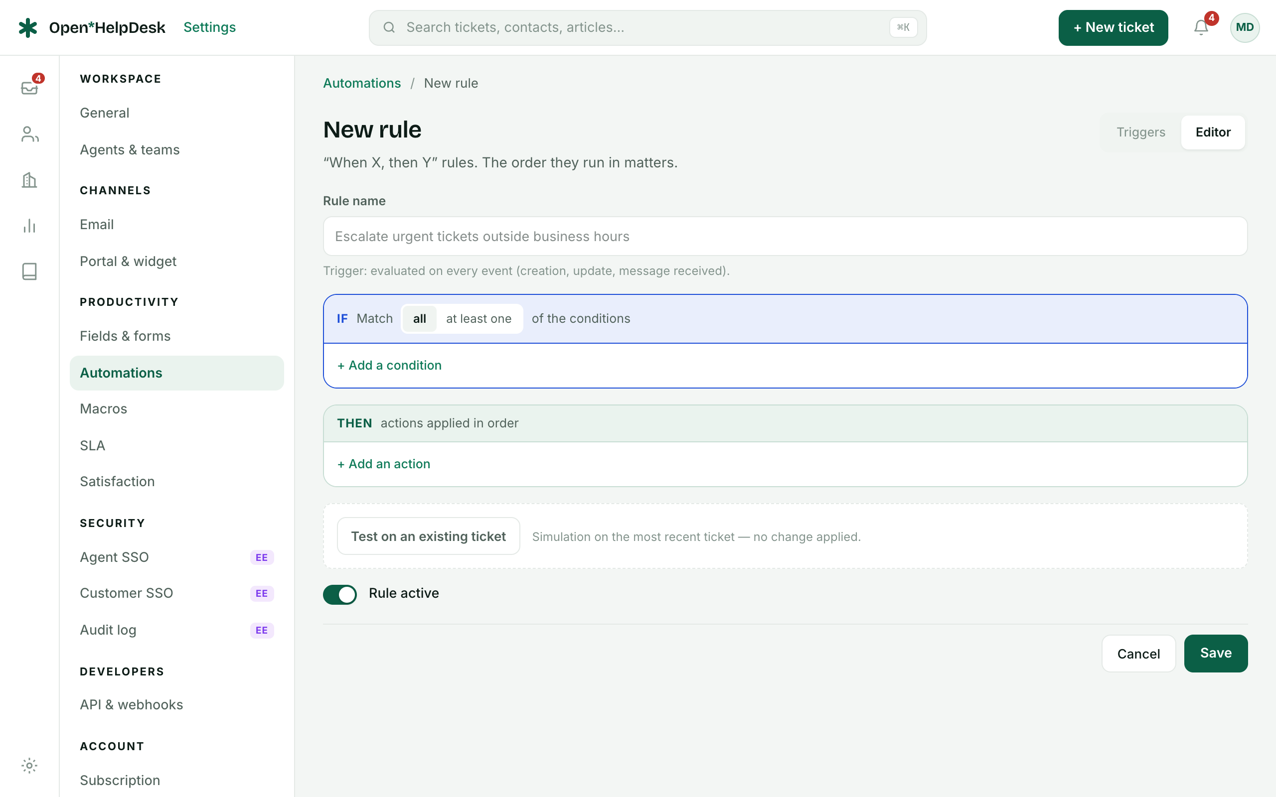 The rule editor: the IF block of conditions, the THEN block of actions, and the Test on an existing ticket panel.