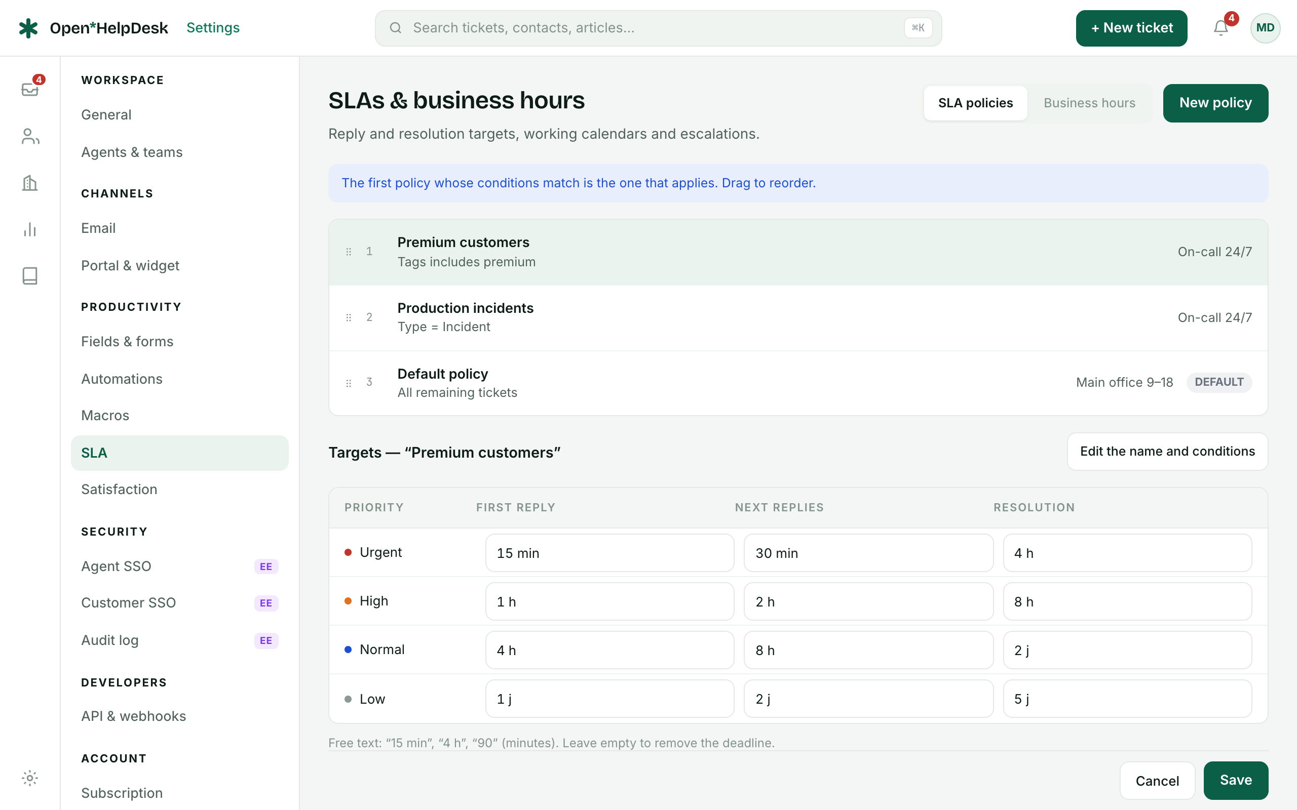 The SLA policies screen: the ordered policy list, the per-priority targets of the selected policy, and its worked example.