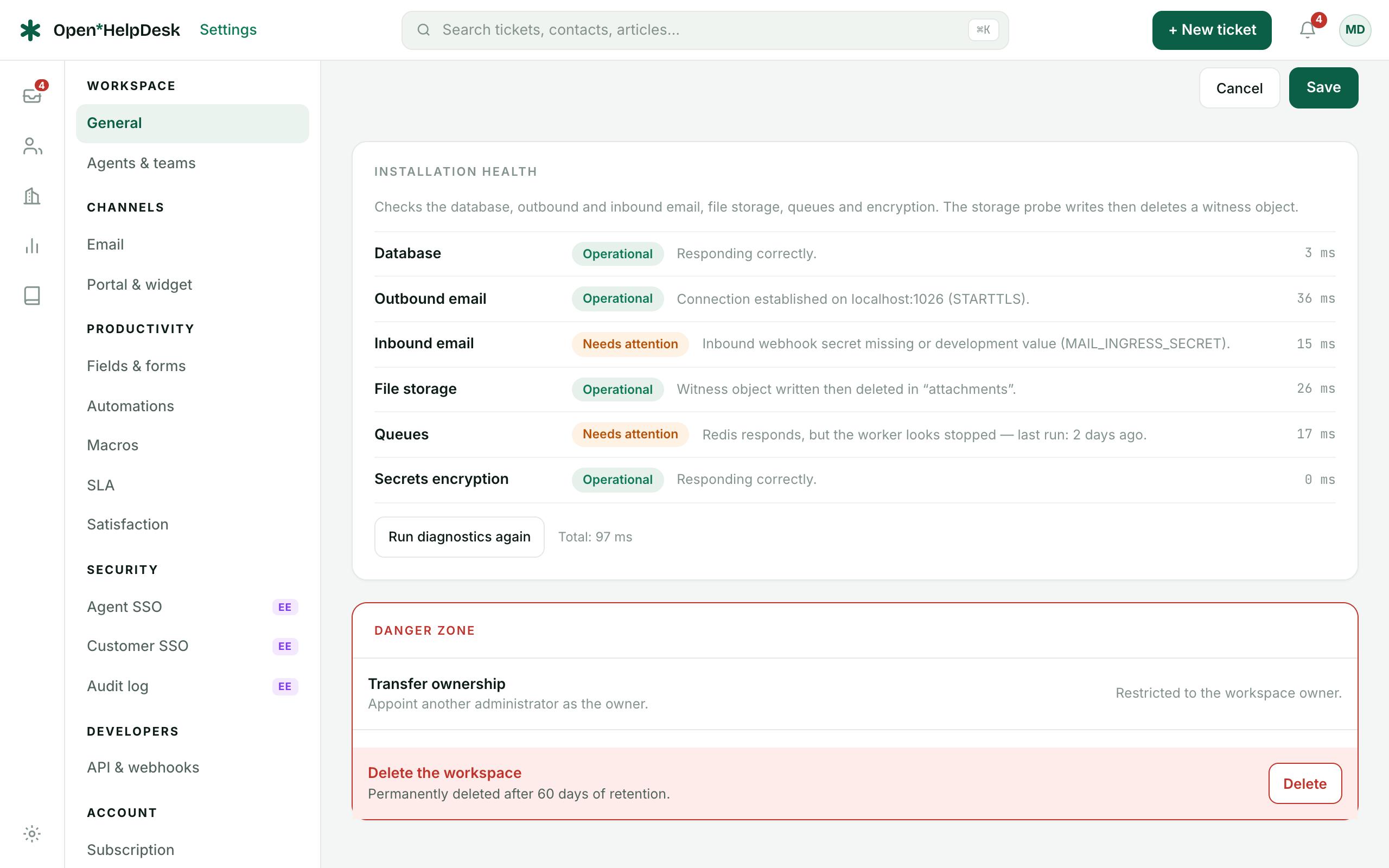 The diagnostics health card in Settings → General — the six probes that report what still needs configuring after the first start.